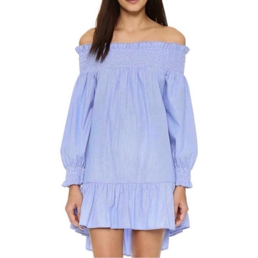 NEW THAYER BLUE STRIPED OFF-THE-SHOULDER MINI DRESS
